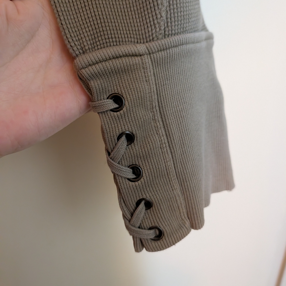 Free People Taupe Lace-Up Cuff Thermal Long Sleeve Top - Picture 7 of 7